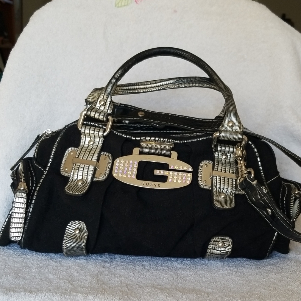 Guess black and silver snake print satchel